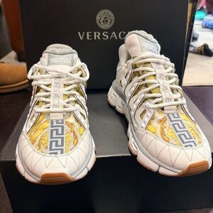 Versace White & Gold Barocco Mesh Logo-Trim Sneakers